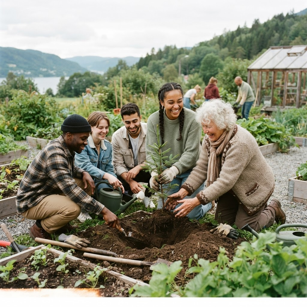 People caring for a community garden together